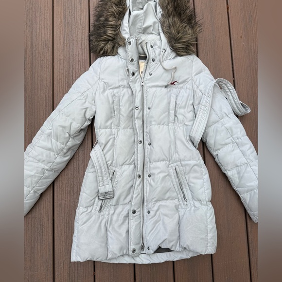 Y2K Hollister Grey Puffer Coat Parka Jacket Faux Fur Hood Size Medium - Picture 3 of 15